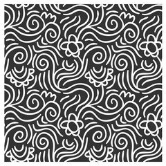 Seamless pattern of silhouette flowers and swirling branches with leaves. Decorative floral elements.