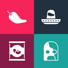 Set pop art Mexican wrestler, Beans in, sombrero and Hot chili pepper pod icon. Vector.