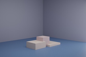 3d modeling scene with square podiums in calm pastel colors. Blank showcase mockup with simple geometric elements. Empty 3d platforms for cosmetic product presentation