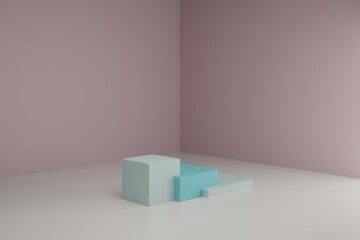 Obraz premium 3d modeling scene with square podiums in calm pastel colors. Blank showcase mockup with simple geometric elements. Empty 3d platforms for cosmetic product presentation