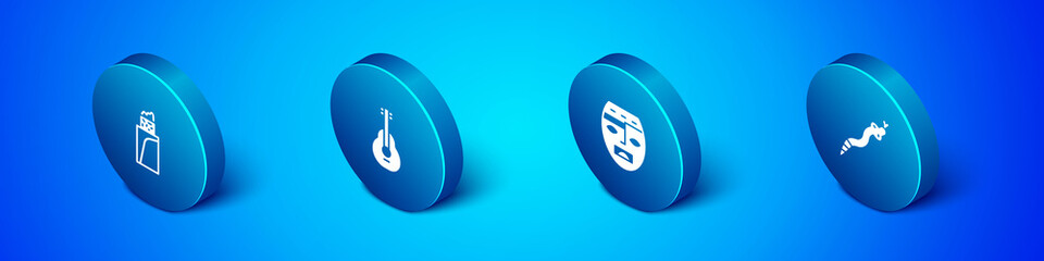 Set Isometric Burrito, Aztec mask, Snake and Mexican guitar icon. Vector.