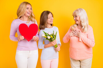 Photo of grey haired retired pensioner girl woman hold heart flowers gift amazed grandmother isolated on yellow color background