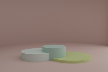 3d modeling scene with round podiums in calm pastel colors. Blank showcase mockup with simple geometric elements. Empty 3d pedestals for cosmetic product presentation