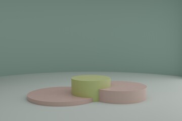 3d modeling scene with round podiums in calm pastel colors. Blank showcase mockup with simple geometric elements. Empty 3d pedestals for cosmetic product presentation
