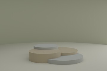 3d modeling scene with round podiums in calm pastel colors. Blank showcase mockup with simple geometric elements. Empty 3d pedestals for cosmetic product presentation