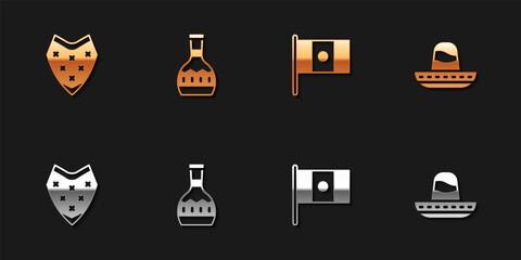 Set Poncho, Tequila bottle, Mexico flag and Mexican sombrero icon. Vector.