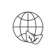 Earth with leaves thin line icon. Globe with eco sign