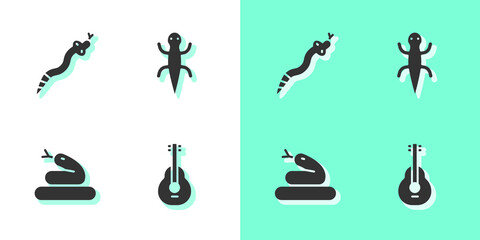Set Mexican guitar, Snake, and Lizard icon. Vector.