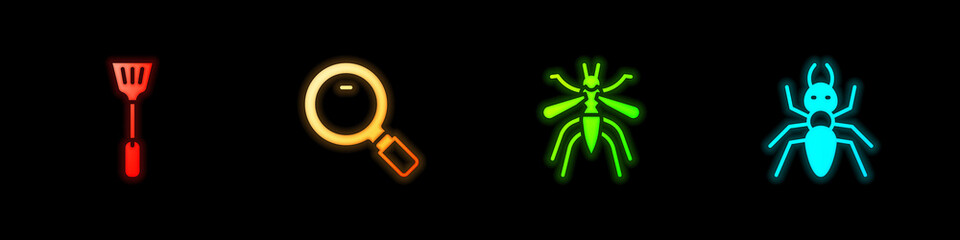 Set Fly swatter, Magnifying glass, Mosquito and Ant icon. Vector.
