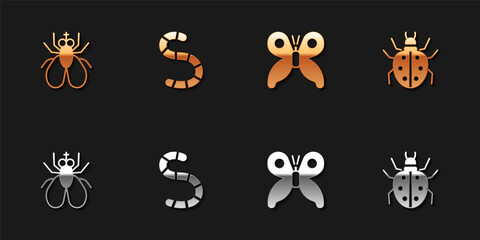Fototapeta premium Set Insect fly, Worm, Butterfly and Mite icon. Vector.