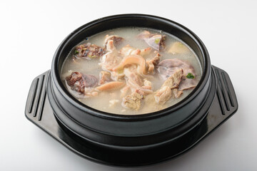 Pork intestines soup on white background