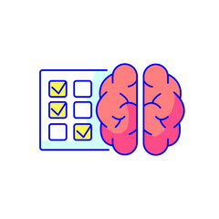 Test solutions color icon. Answers to tasks. Brain with a sheet of paper. True or false questions. 