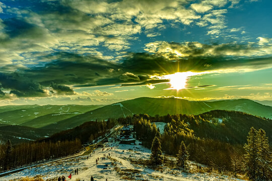 ustron, gory, . niebo, moc, sundown, lamp, krajobraz,  słońce, , charakter,  drzew, , pola, zima, drzew, blękit, biegun, , beskid slaski