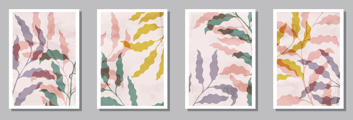 Botanical wall art posters collection. Spring branches with leaves.