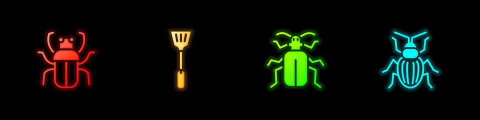 Set Stink bug, Fly swatter, Chafer beetle and icon. Vector.