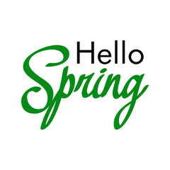 Banner con texto manuscrito Hello Spring escrito a mano en color negro y verde - obrazy, fototapety, plakaty