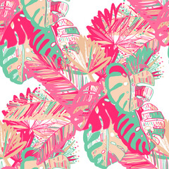 Creative seamless pattern with abstract tropical leaves. Hippie style. Colorful spring or summer background. Trendy botanical swimwear design. Fashion print for textile.