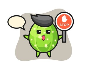 Cactus character illustration holding a stop sign