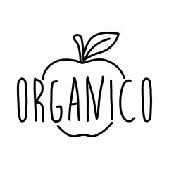Logotipo con texto manuscrito ORGANICO en español escrito a mano en silueta de manzana con lineas en color negro