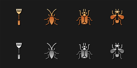 Set Fly swatter, Cockroach, Beetle bug and Insect fly icon. Vector.