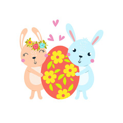 Two cute bunnies are carrying an Easter egg.