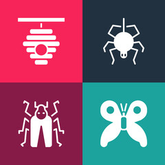 Set pop art Butterfly, Beetle bug, Spider and Hive for bees icon. Vector.