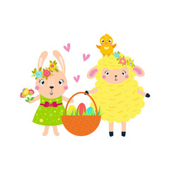 Easter lamb, rabbit chick carry a basket of eggs.