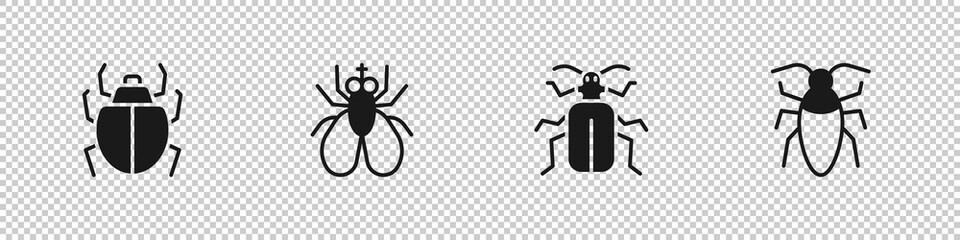 Set Mite, Insect fly, Chafer beetle and Cockroach icon. Vector.