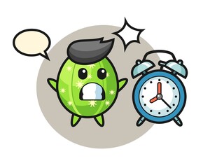 Cartoon illustration of cactus is surprised with a giant alarm clock