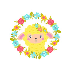 Easter illustration of cute lamb in spring flowers.