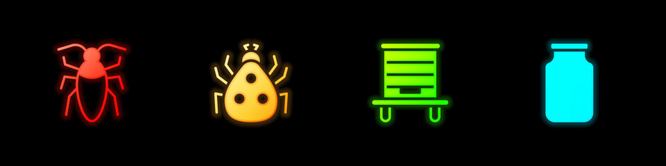 Set Cockroach, Ladybug, Hive for bees and Glass jar icon. Vector.