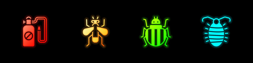 Set Pressure sprayer, Insect fly, Colorado beetle and Larva insect icon. Vector.