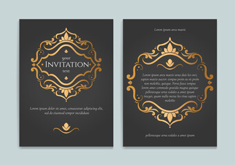 Black vector greeting card with golden luxury frame template. Great for invitation, flyer, menu, brochure, monogram, background, wallpaper, decoration, packaging or any desired idea.