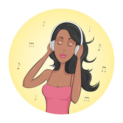 African girl listening music in headphones. Female avatar. Vector.