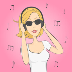 Woman in sunglasses listening music in headphones. Vector illustration.