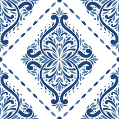Blue and white damask seamless pattern with ornamental stripes. Traditional oriental motifs. Vector ornament template. Decorative paisley elements. Great for fabric and textile.