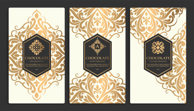 Beige and gold luxury packaging design of chocolate bars. Elegant vector ornament template. Great for food, drink and other package types. Can be used for background and wallpaper.