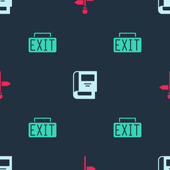 Set Road traffic signpost, History book and Exit on seamless pattern. Vector.