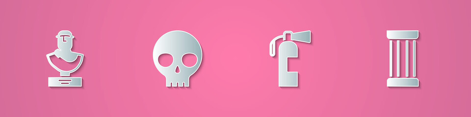 Set paper cut Ancient bust sculpture, Human skull, Fire extinguisher and column icon. Paper art style. Vector.