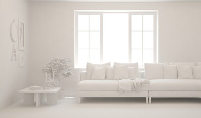 White minimalist living room with sofa. Scandinavian interior design. 3D illustration