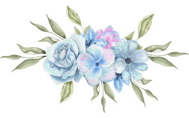 Fototapeta na wymiar watercolor flowers. flower illustration blue rose. branch of flowers isolated on white background. Leaf and buds. Cute composition for wedding or postcard