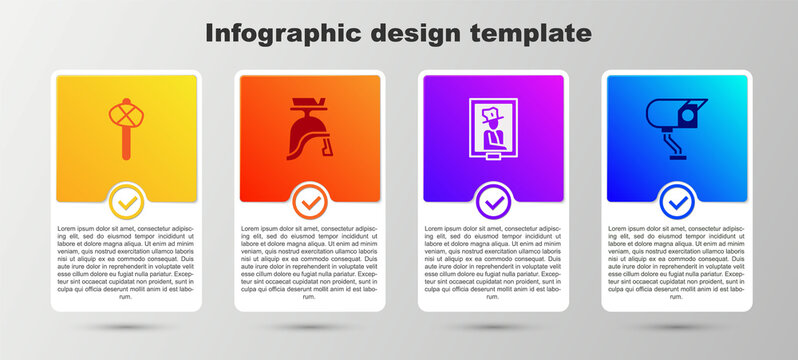 Set Stone age hammer, Roman army helmet, Portrait in museum and Security camera. Business infographic template. Vector.