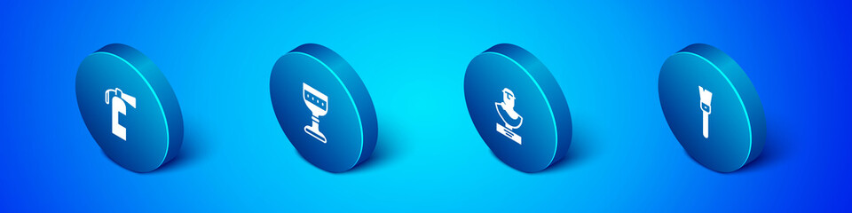 Set Isometric Fire extinguisher, Ancient bust sculpture, Paint brush and Medieval goblet icon. Vector.