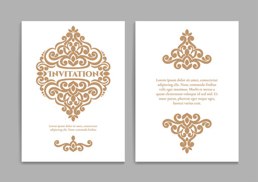 Golden luxury invitation card design with ornamental frame. Vintage pattern template. Can be used for background and wallpaper. Elegant and classic vector elements great for decoration.