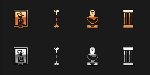 Set Portrait in museum, Human broken bone, Ancient bust sculpture and column icon. Vector.