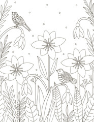 Flowers and birds coloring page. Floral coloring. Adult coloring.