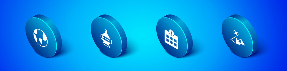 Set Isometric Earth globe, Information, Egypt pyramids and Ancient amphorae icon. Vector.