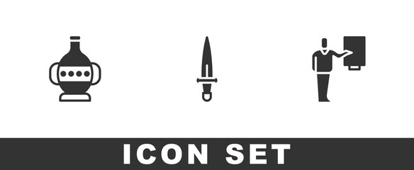 Set Ancient amphorae, Dagger and Museum guide icon. Vector.