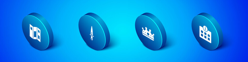Set Isometric Museum guide brochure, King crown, Information and Dagger icon. Vector.