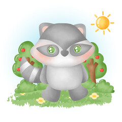 water color cute raccoon in the forest. © Nattapohn